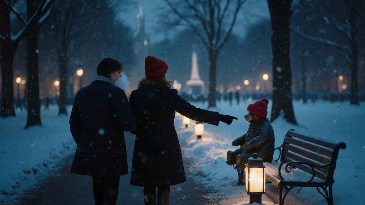 A companion and client walk through snowy Hyde Park at night, lanterns glowing, Paddington Bear statue visible in distance.