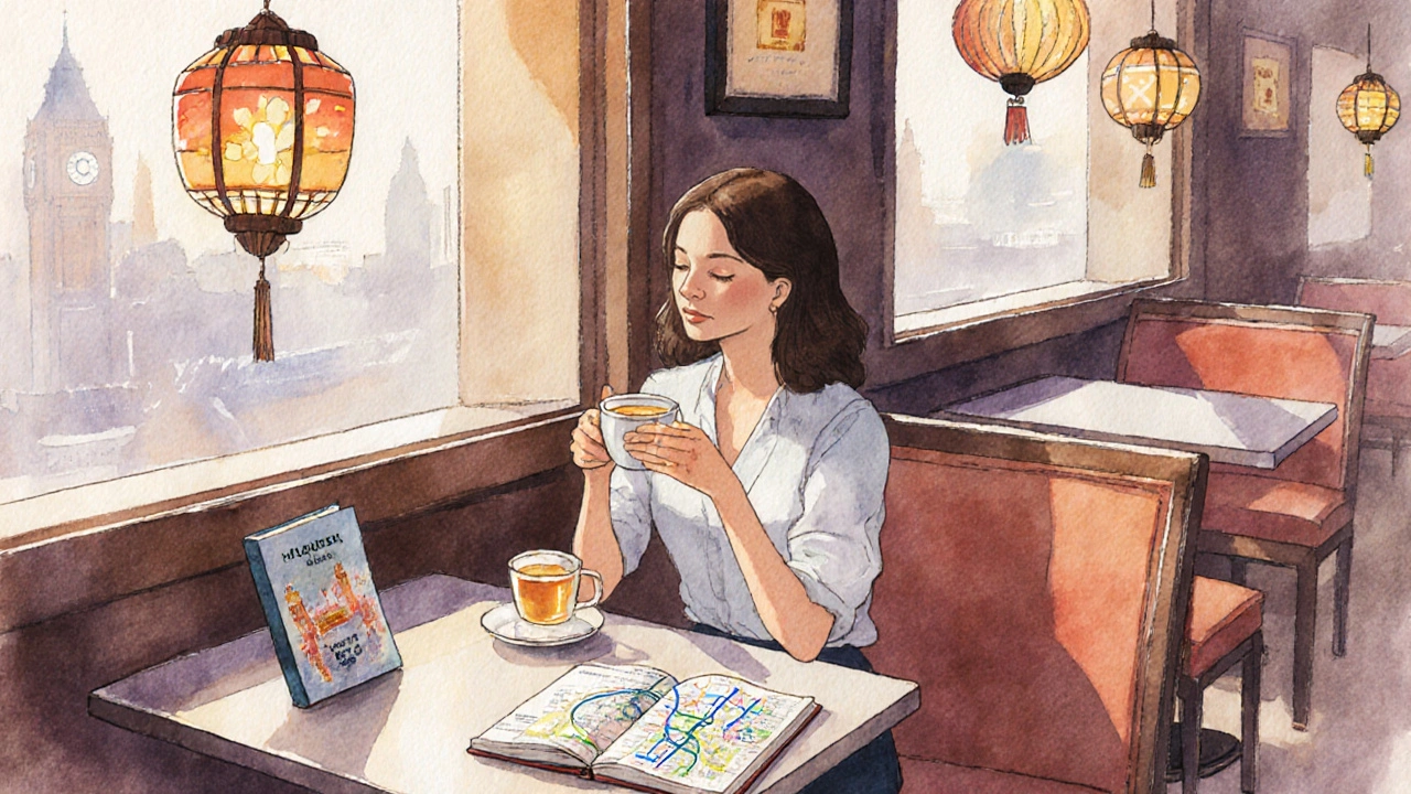 A companion sits quietly in a café near Broadway Market, sipping tea with cultural details visible around them.