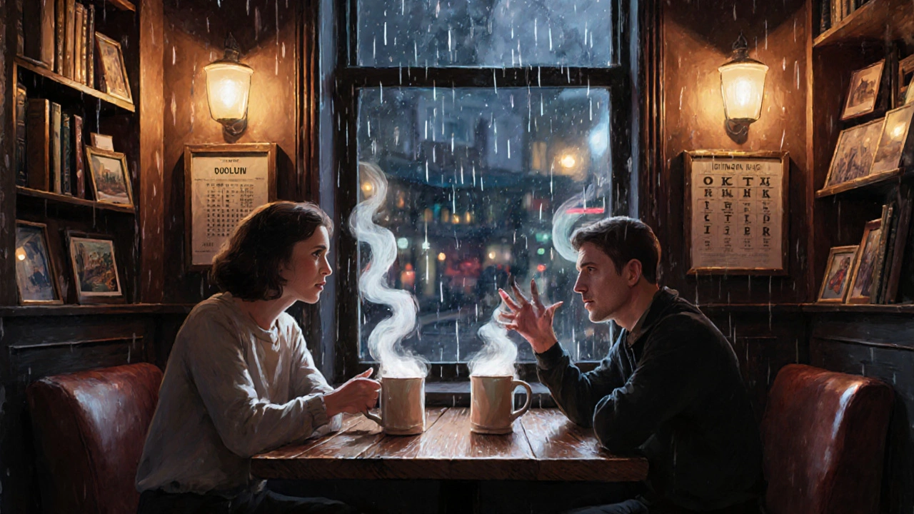 A couple enjoying a quiet evening in a local Woolwich pub, warm lighting, steam from mugs, rain on the window.