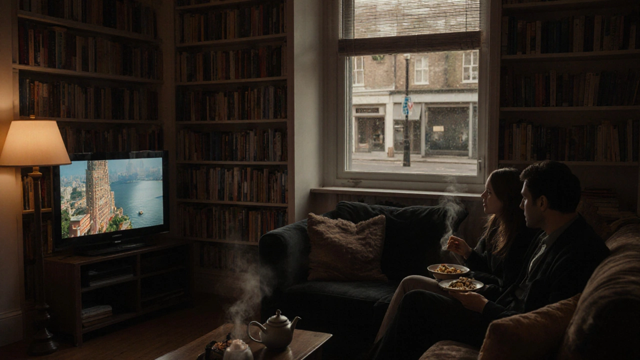 A couple enjoying dim sum and a film in a cozy, book-lined apartment in Palmers Green.