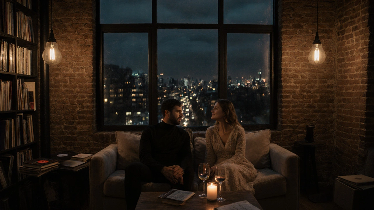 A couple relaxing in a warm, book-filled flat with soft evening lighting.