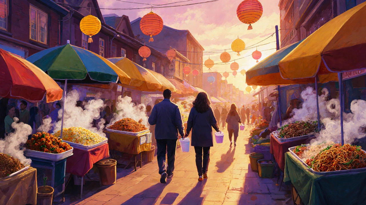 A couple walking through Church Street Market at dusk, surrounded by colorful street food stalls.