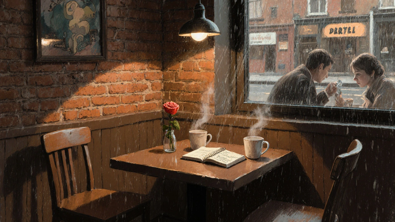A cozy café table in Leyton with steaming mugs and a rose, warm lighting, rain on the window.