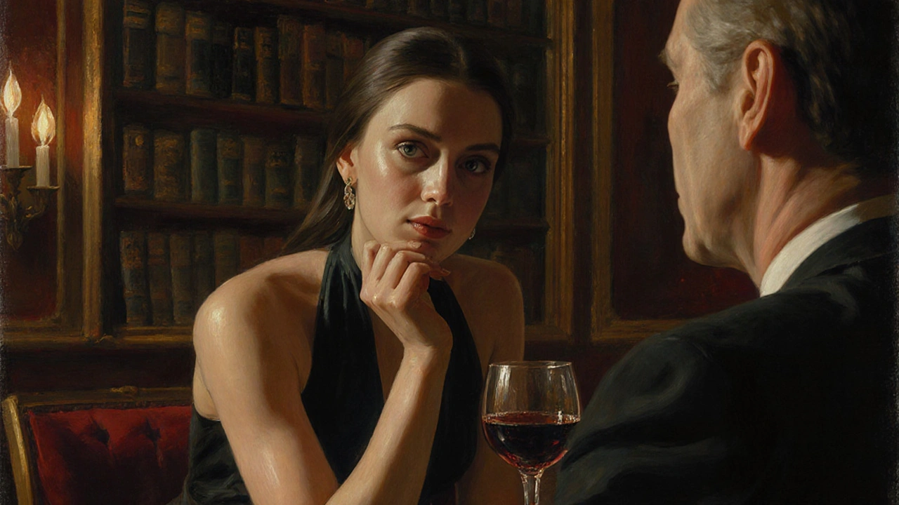 A discreet companion listening intently to a client in a luxurious Mayfair private club, candlelight reflecting off wine glasses.