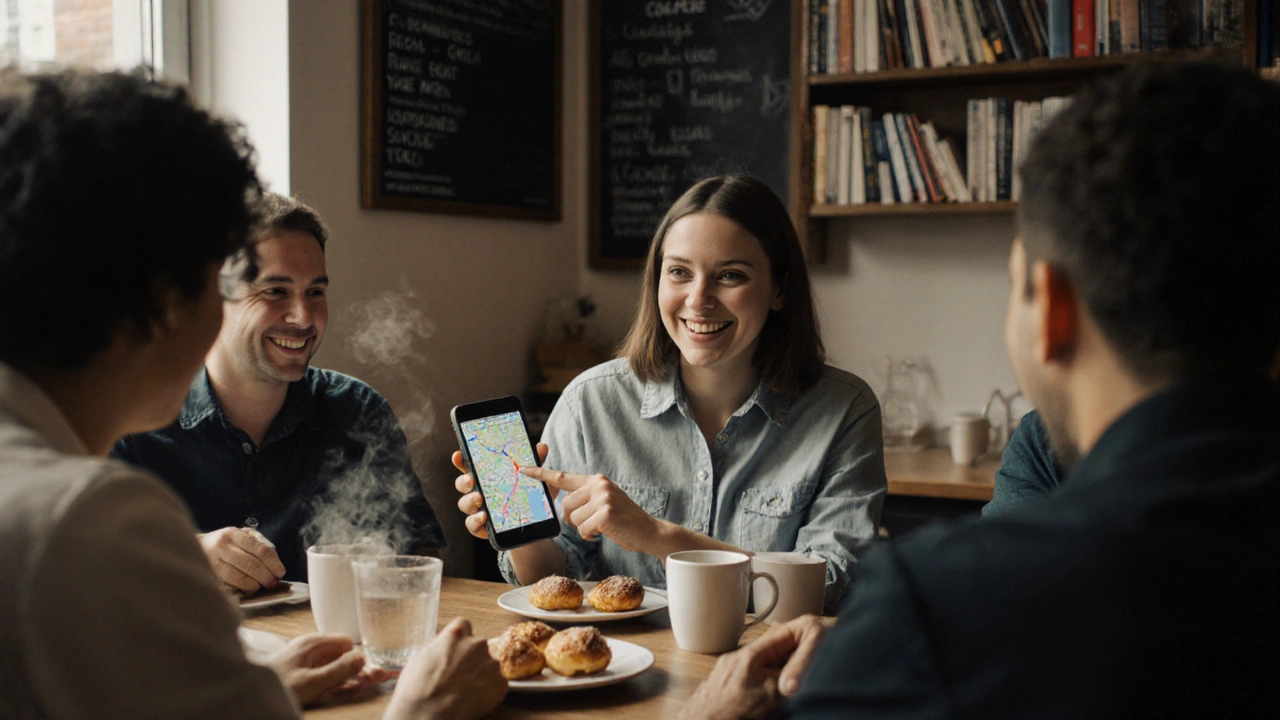 A diverse group chatting in a cozy café, one person pointing at a phone map, conveying trust and connection.