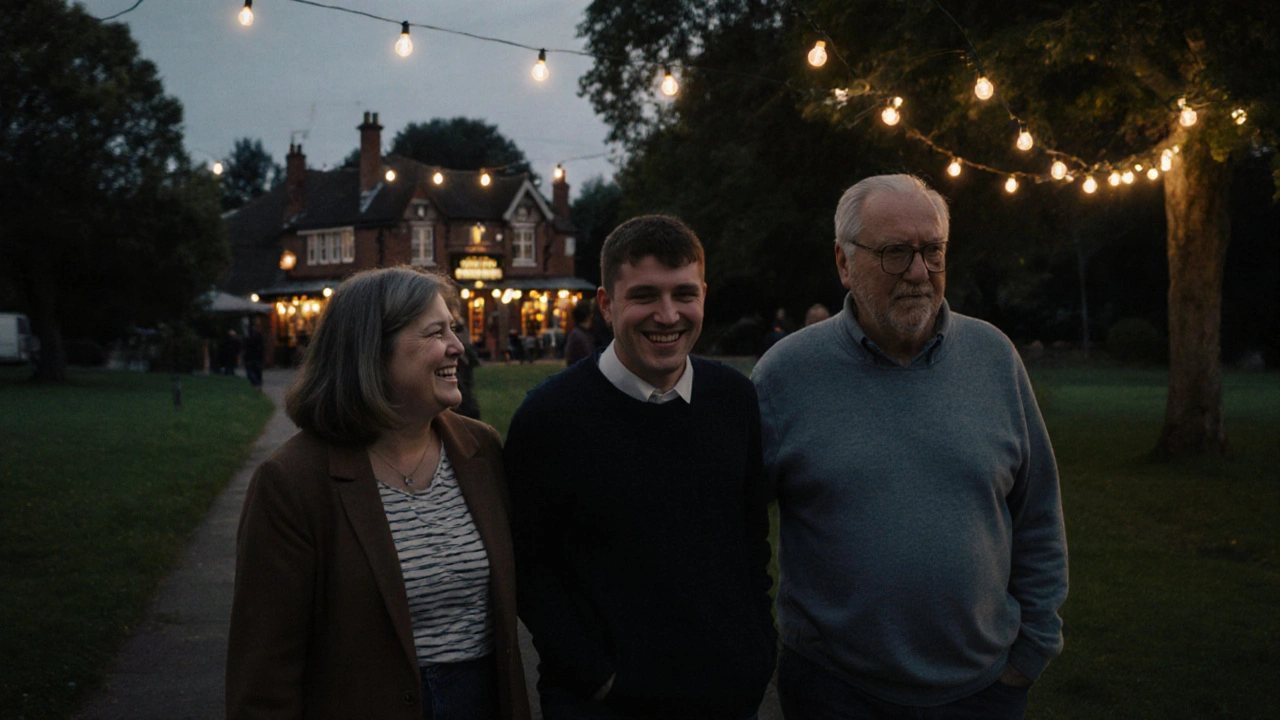 A diverse group strolling together at dusk along Barnet Common under soft string lights.