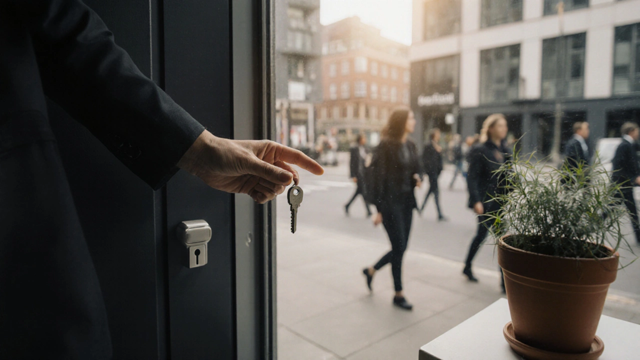 A hand offers a key to a private apartment door in Stratford, with diverse Londoners blurred in the background.