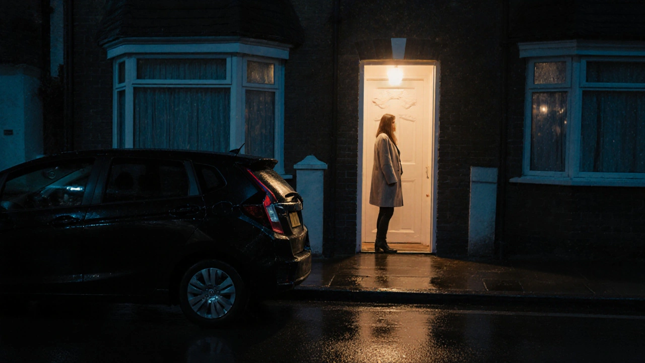A Honda Jazz parked outside a residential flat in Palmers Green at night, soft light glowing from the doorway.