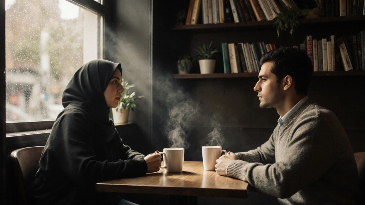 A man and woman having a quiet coffee together in a cozy Tooting café, no phones visible.