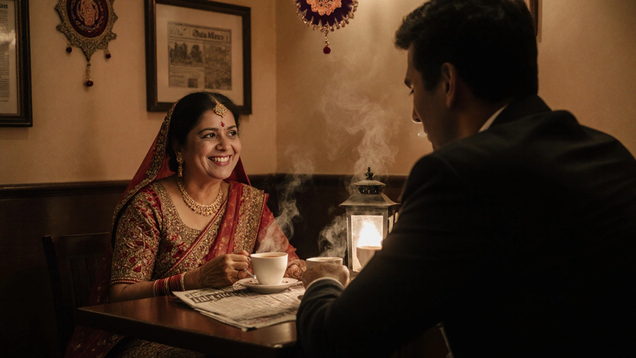 A man and woman share chai in a quiet corner of an Indian restaurant in Harrow, cultural details visible.