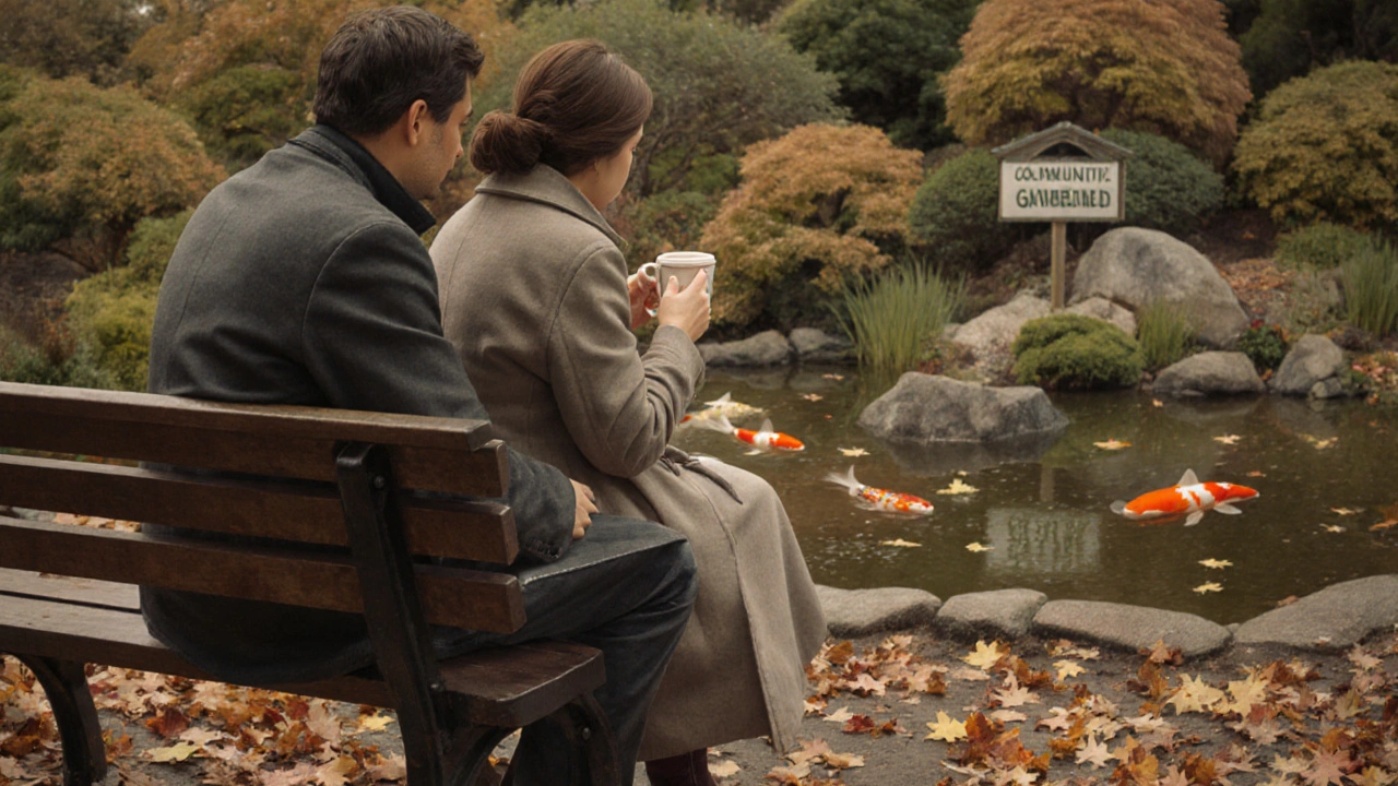A man and woman sitting quietly on a bench in Enfield Town Park, watching koi fish in a Japanese garden.