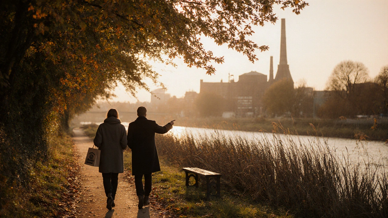 A man and woman walking peacefully along the River Lea at sunset, autumn leaves falling.