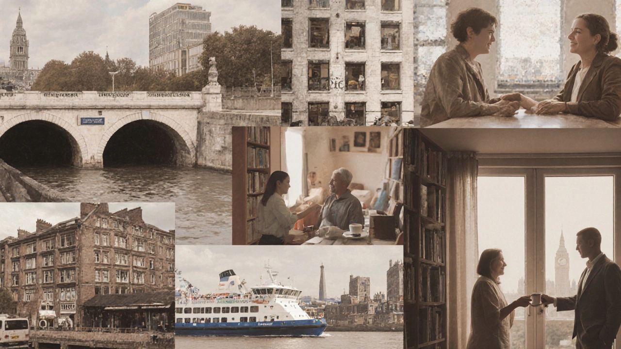 A mosaic of Woolwich landmarks with subtle human figures, representing authentic local connections and community.