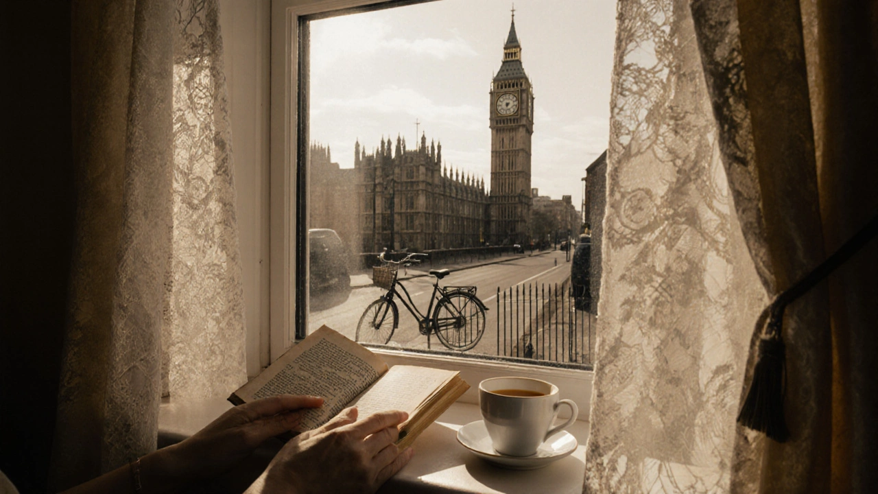 A novel and cup of tea sit on a windowsill in Barnet, sunlight streaming through lace curtains, the clock tower visible outside.