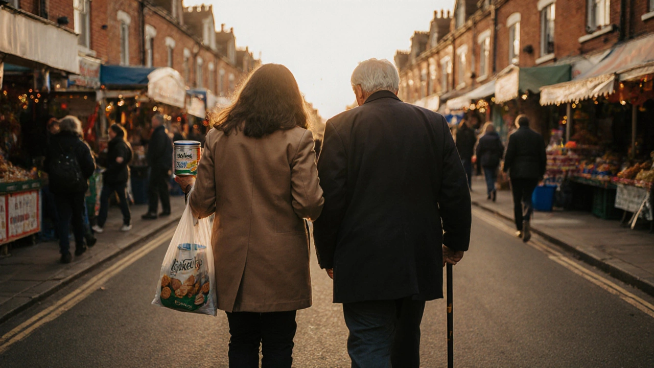 A provider walks with an older man along Barking High Street, carrying shopping and biscuits.