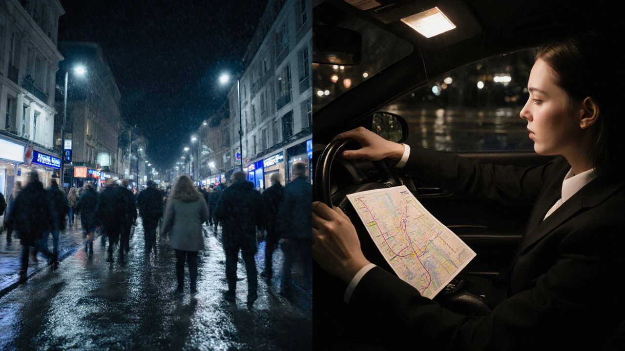 A quiet car drives through rainy West London at night as a passenger sleeps, symbolizing calm after chaos.