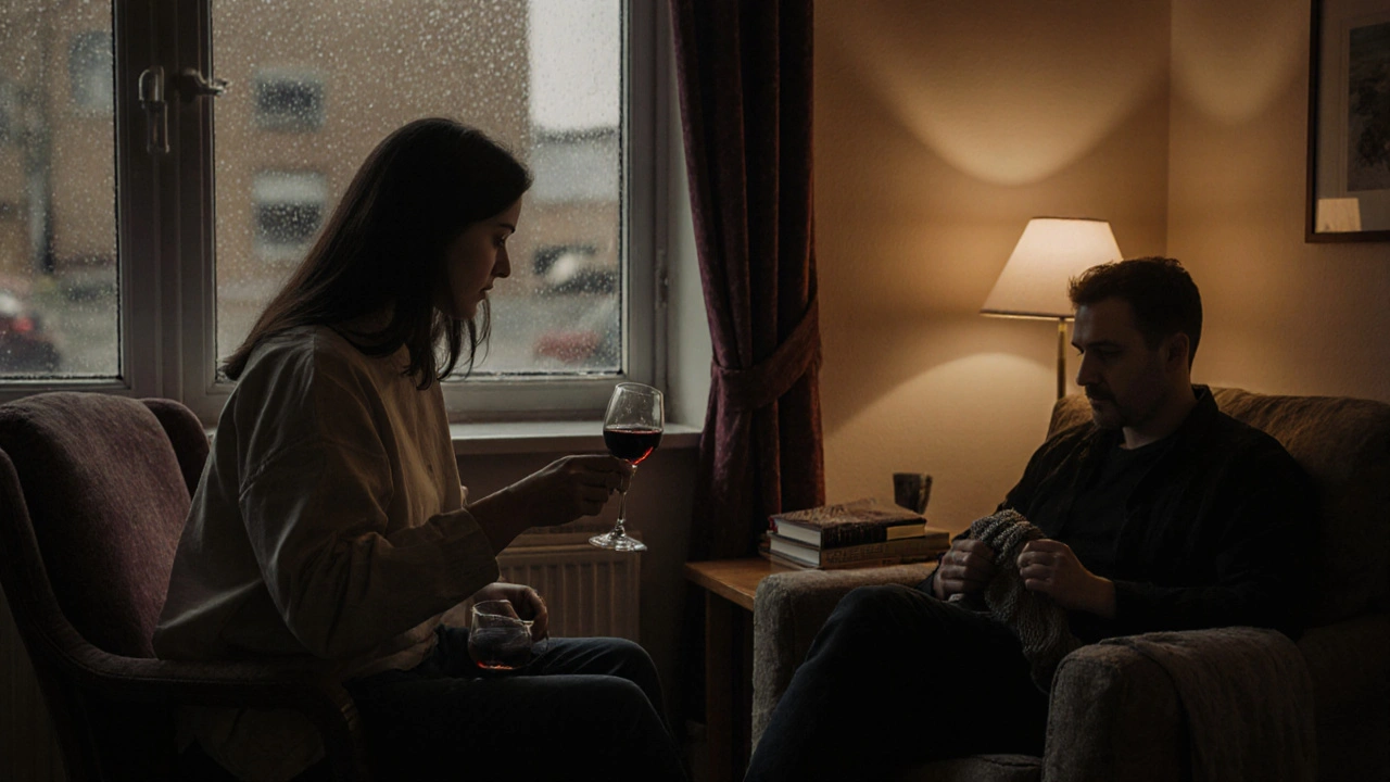 A quiet moment in a modest flat near Leyton Underground, two people sharing wine and quiet conversation.