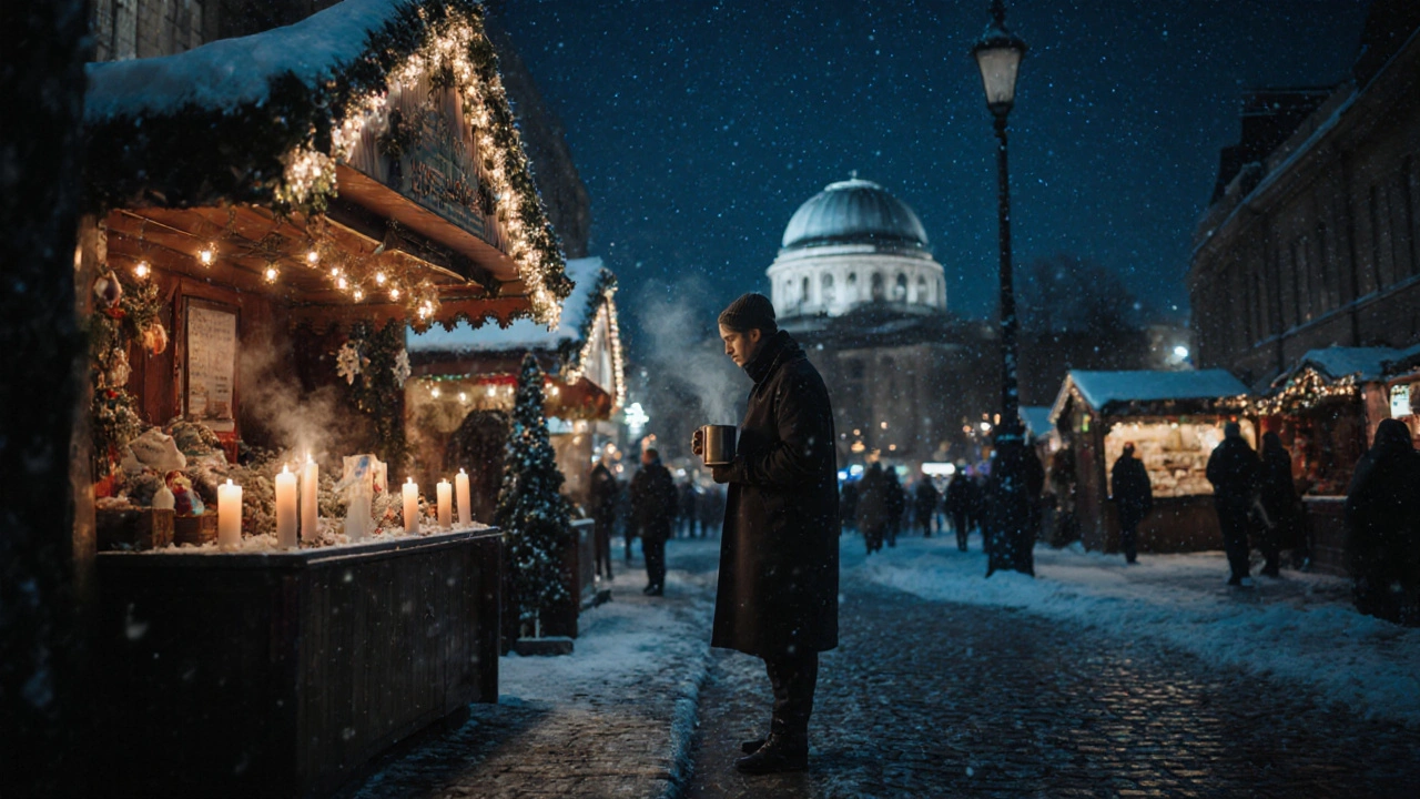 A solitary figure stands by a candlelit Christmas market in Greenwich, Royal Observatory glowing in the snowy night.