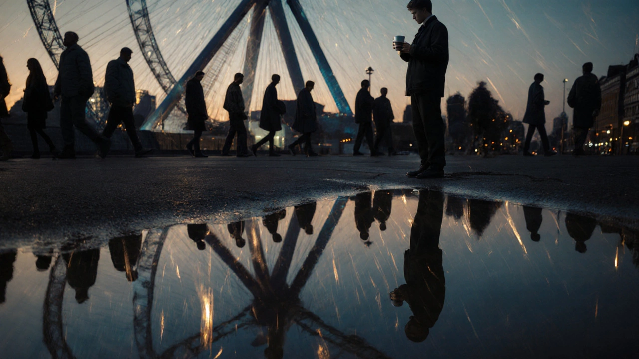 A solitary figure stands under the Orbit in Stratford, their reflection showing many others walking alone.
