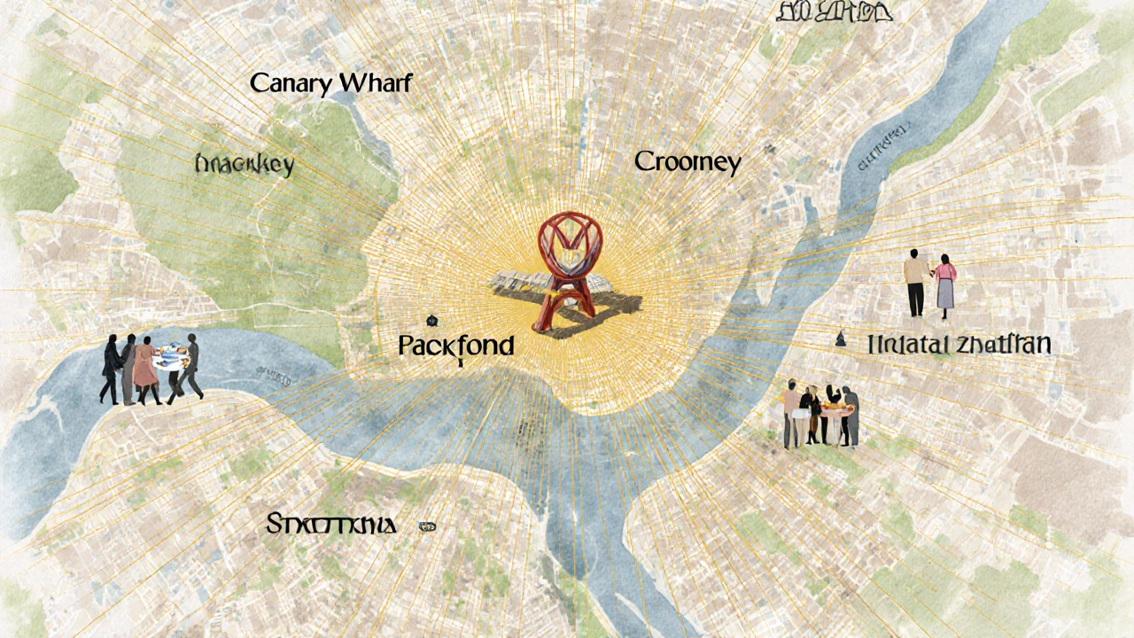 A stylized map of London with golden threads connecting Stratford to surrounding boroughs, symbolizing human connections across the city.