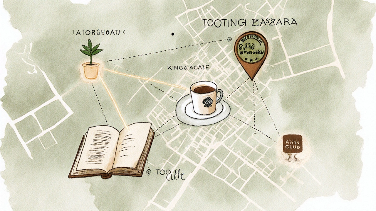A stylized map of Tooting showing hidden connections between community spots through delicate lines.