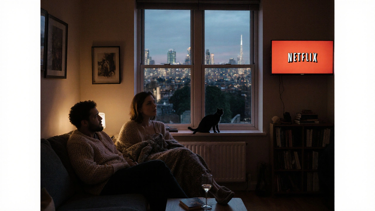 A woman and man relax on a sofa at dusk in a North London flat, bathed in soft light with a view of the city skyline.