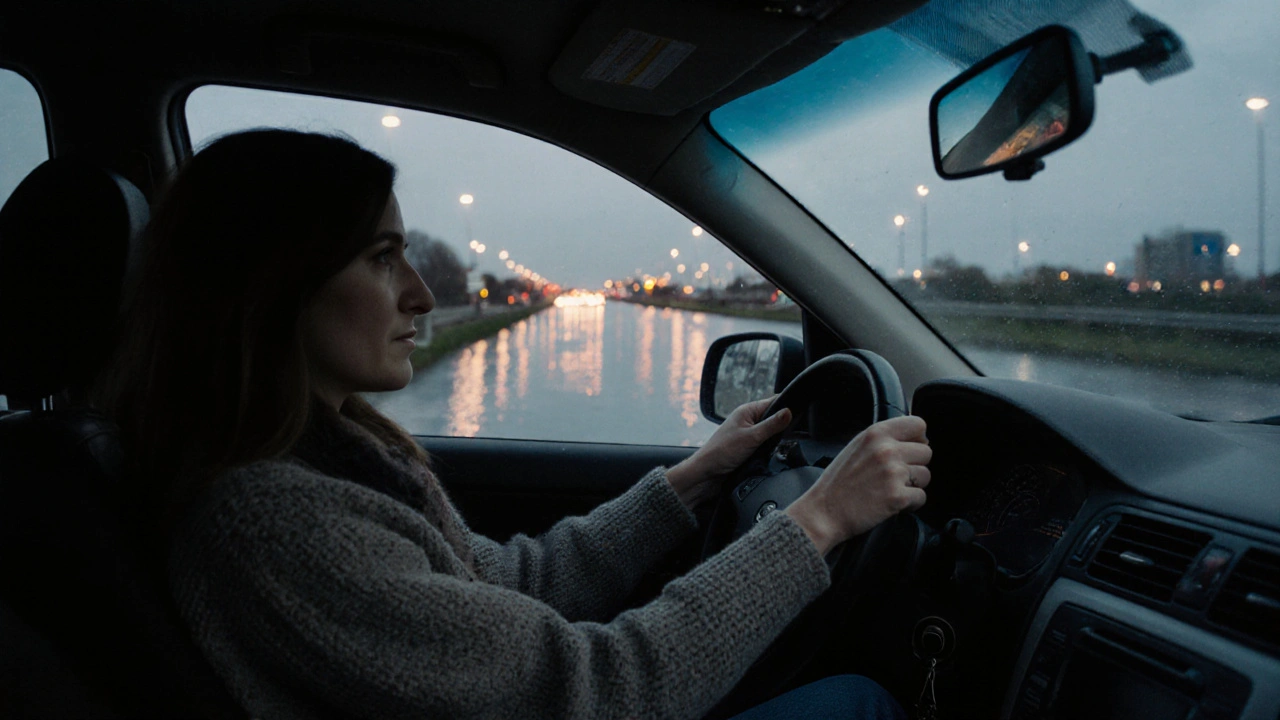 A woman driving quietly along the A312 near Feltham at dusk, canal and distant airport lights visible.