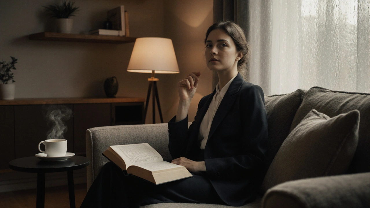 A woman reading calmly in a softly lit apartment with coffee and rain-streaked windows.