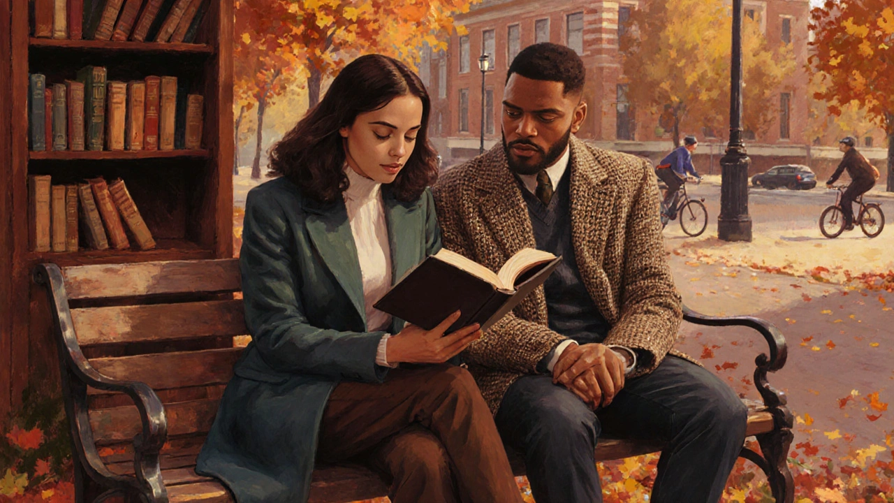 A woman reads poetry to a man on a park bench in Ealing, autumn leaves falling, vintage bookshelf beside them under golden hour light.