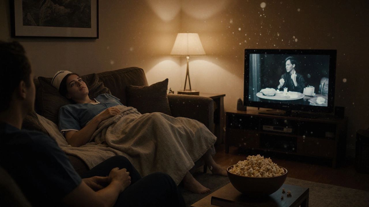 A woman resting on a sofa with a companion nearby, watching a movie in soft lamplight, wrapped in a blanket.