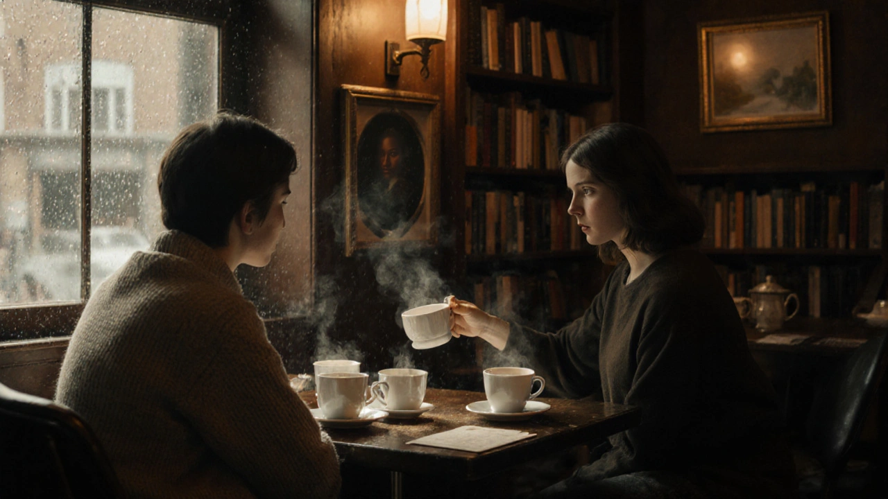 A woman serves tea to a client at a cozy pub table in Palmers Green, rain streaking the window behind them.