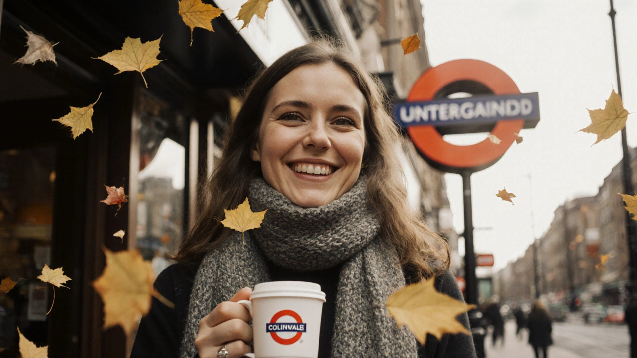 A woman standing outside a local Colindale café, holding a coffee cup, autumn leaves falling around her.