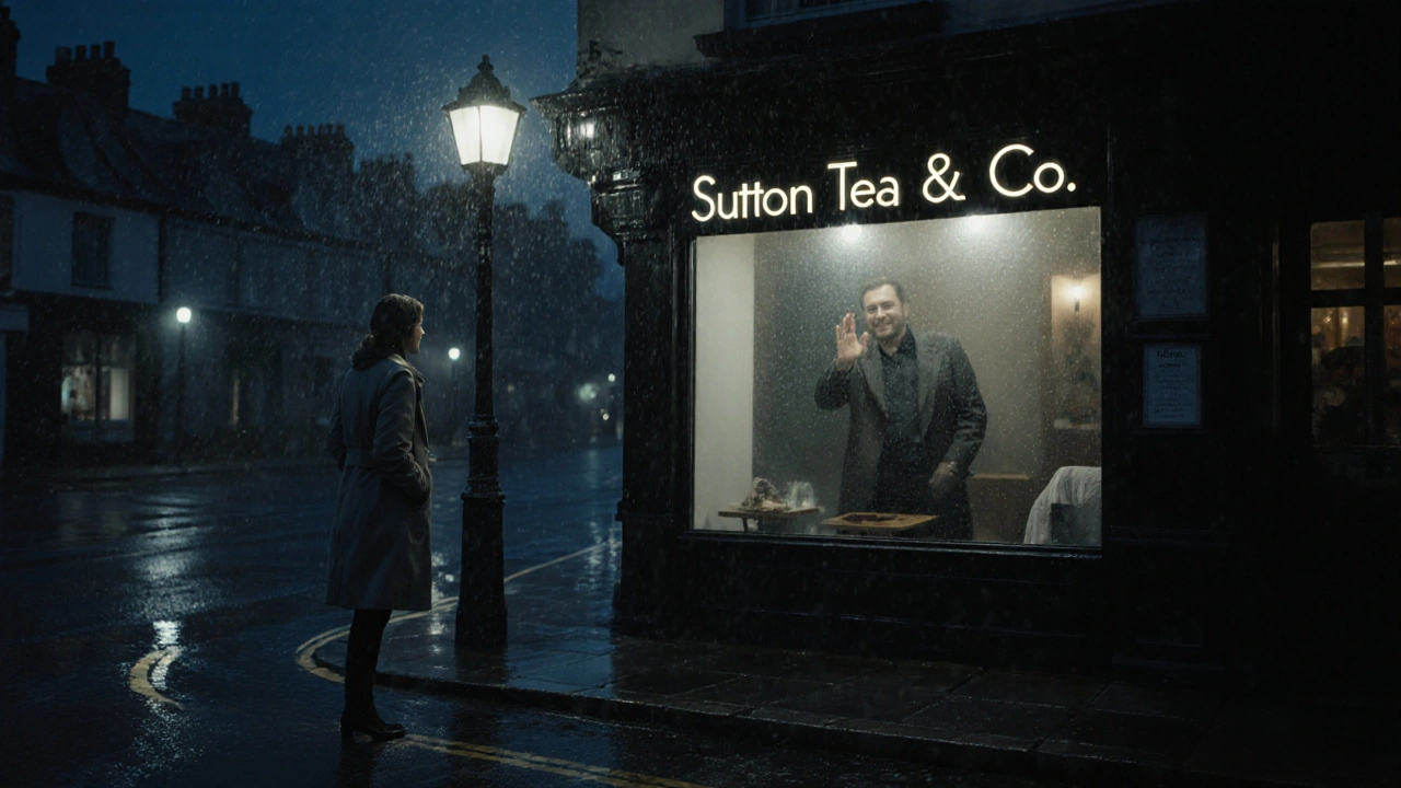 A woman waiting under a streetlamp outside a cozy café on a rainy Sutton evening.