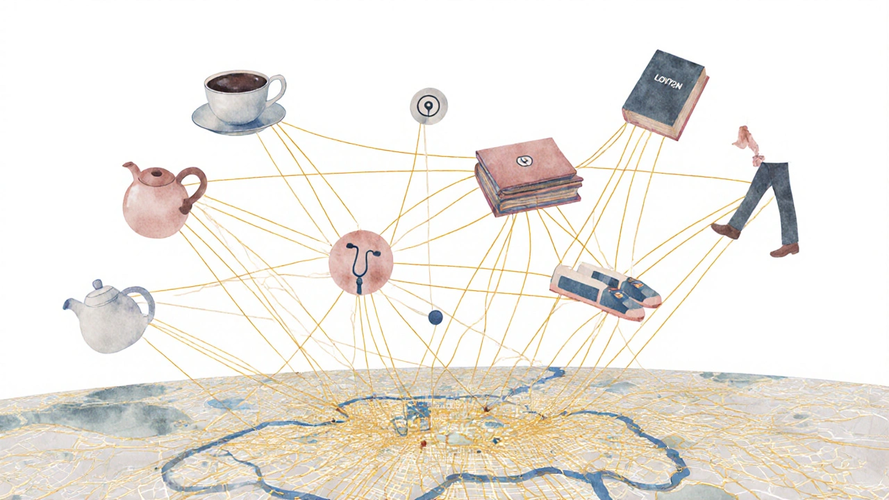 An abstract tapestry of East London neighborhoods connected by symbols of everyday life and companionship.