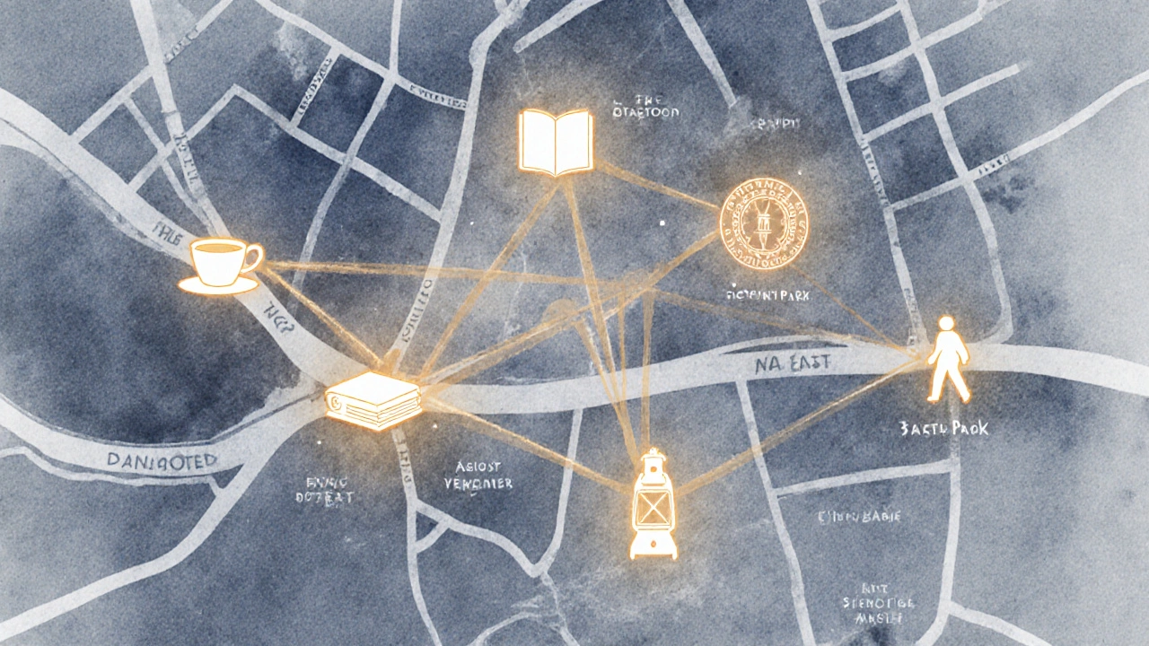 An artistic map of East London with glowing connections between key locations, symbolizing human connection.