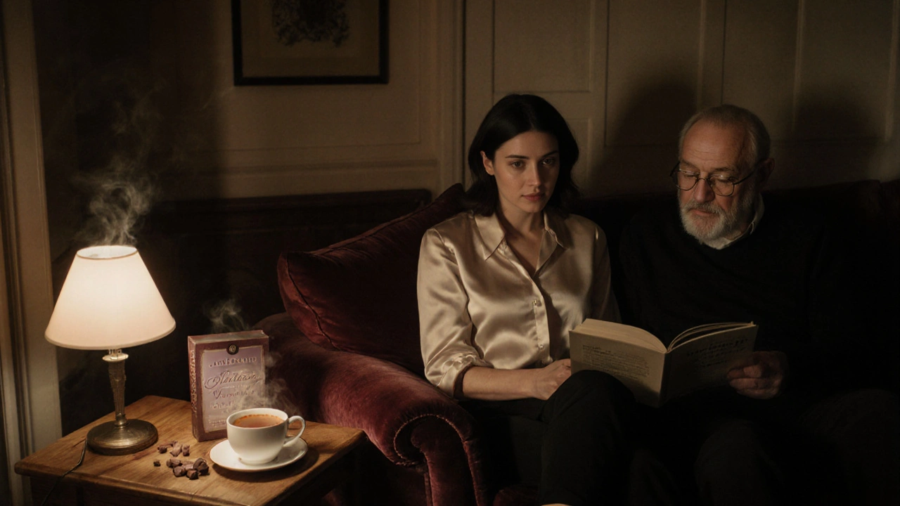 An elderly man and woman in a cozy home, sharing a quiet evening with tea and a book.