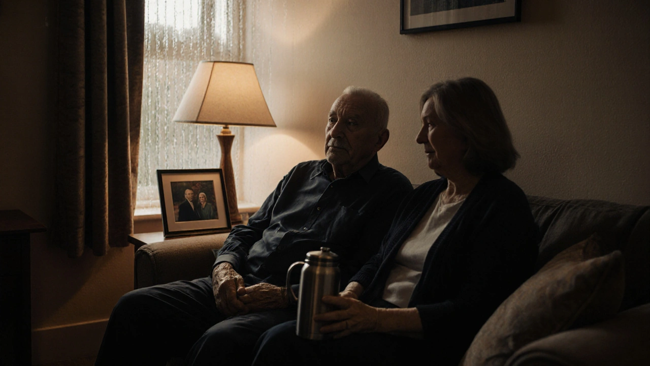 An elderly man and woman sit together in a softly lit living room, tea thermos on the table, rain on the window, no faces shown.