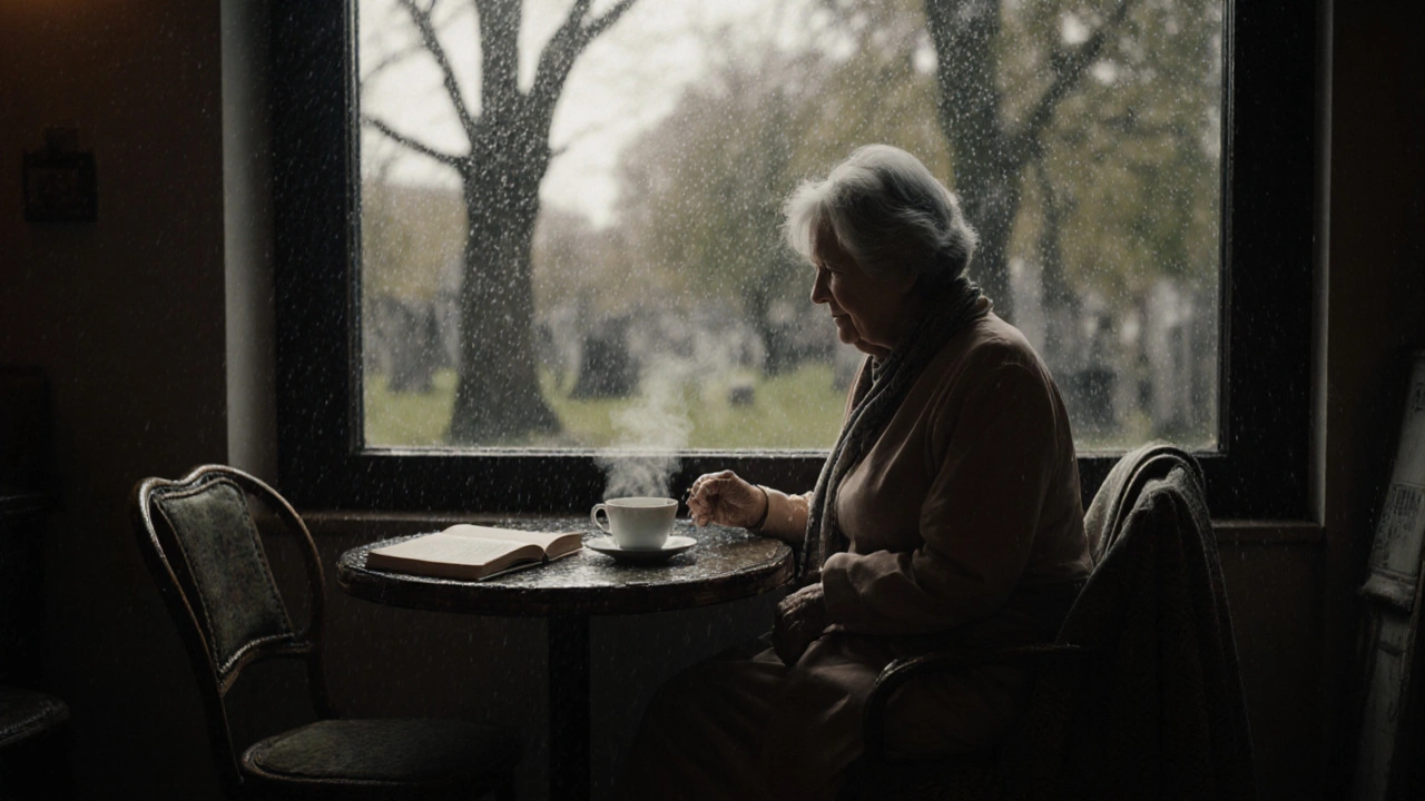 An elderly woman sits alone in a café, tea steaming, rain falling outside the window.