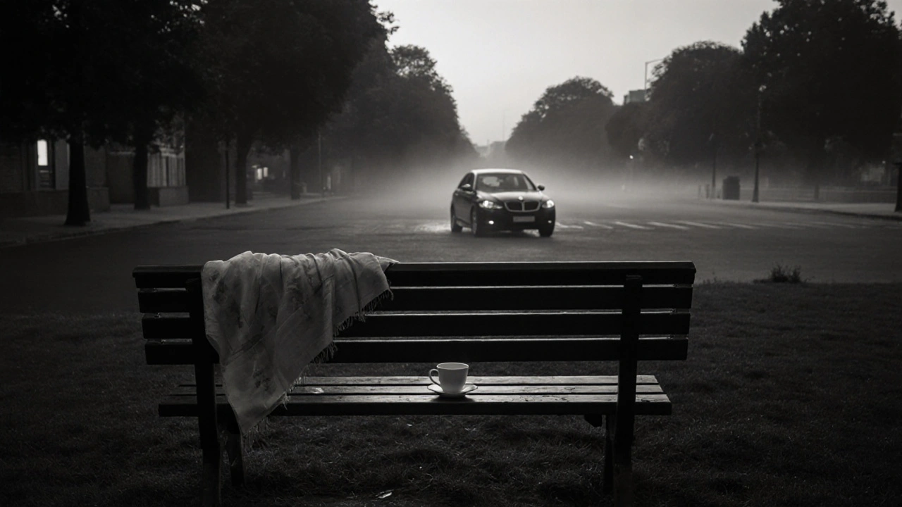 An empty bench on Hounslow Green at twilight, with a silk scarf and teacup left behind, evoking quiet solitude and discretion.