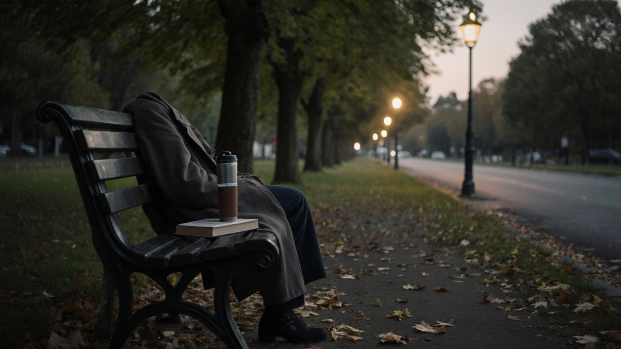 An empty park bench in Feltham at twilight, coat and thermos left behind, autumn leaves on the ground.