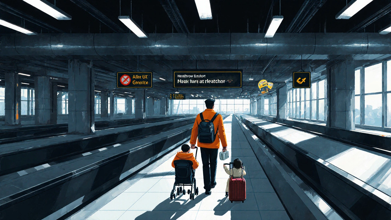 An escort guides a family through Heathrow’s underground walkways with strollers and luggage.