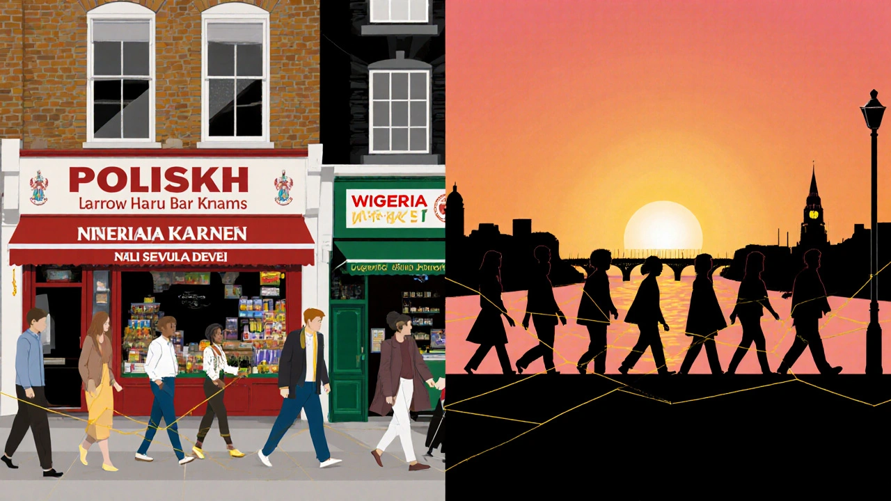 Diverse figures stroll along Woolwich&#039;s riverside at sunset, surrounded by local landmarks like a deli, hair salon, and market stall.