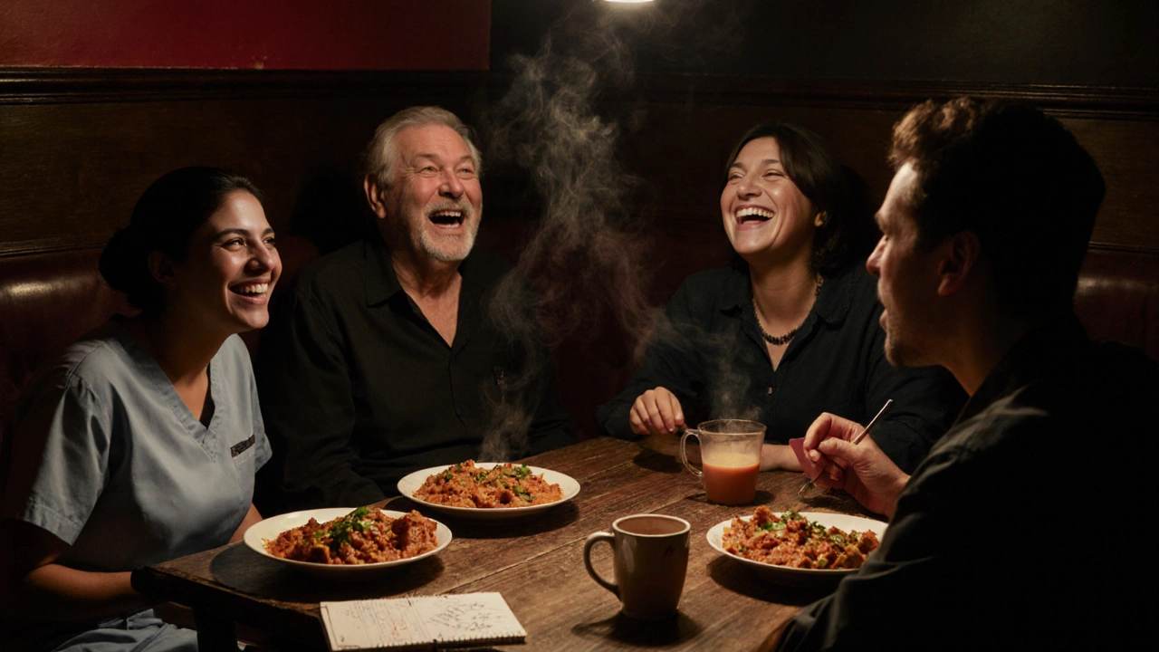 Diverse friends laughing together over curry at a cozy East London restaurant, warm lantern light glowing on wooden tables.