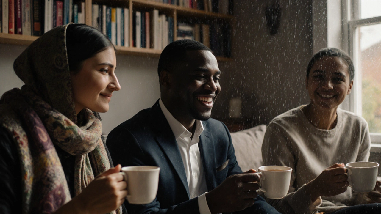 Diverse individuals share a peaceful moment in a cozy Feltham living room, enjoying tea and conversation.