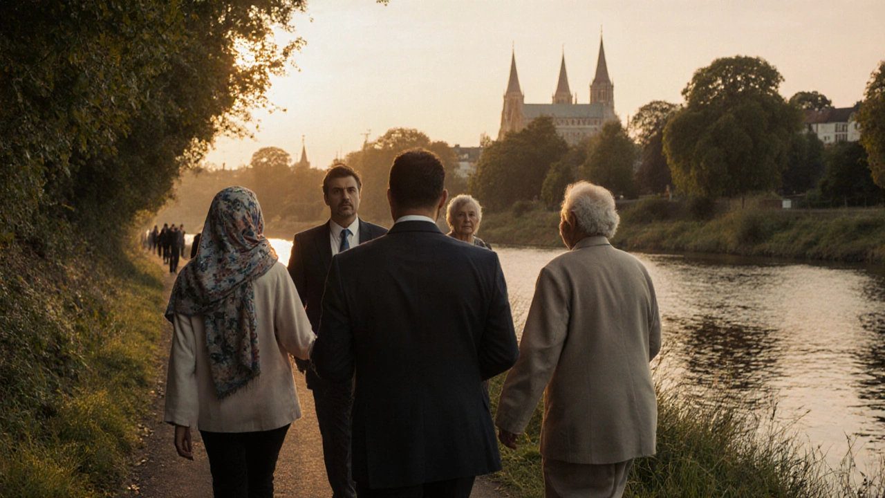 Diverse individuals walking peacefully along the River Lea trail in Enfield Chase at golden hour.