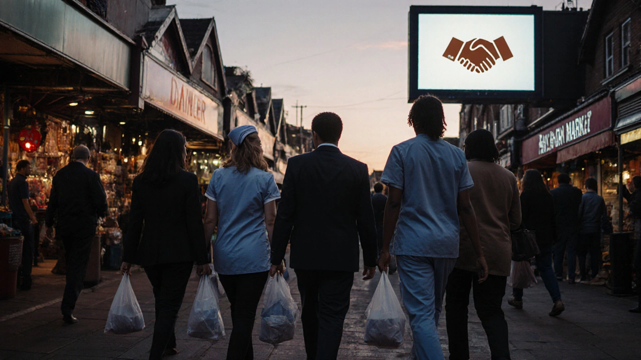 Diverse locals walking through Walthamstow Market at dusk, embodying community and quiet connection.