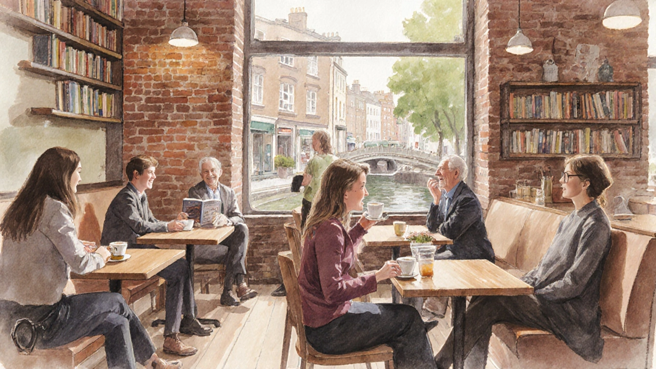 Diverse people enjoying coffee in a cozy Islington shop overlooking a canal.