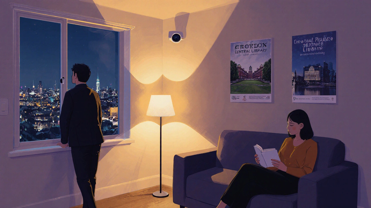 Interior of a modest Croydon apartment at dusk, woman reading on sofa, man by the window, soft lighting, no explicit content.