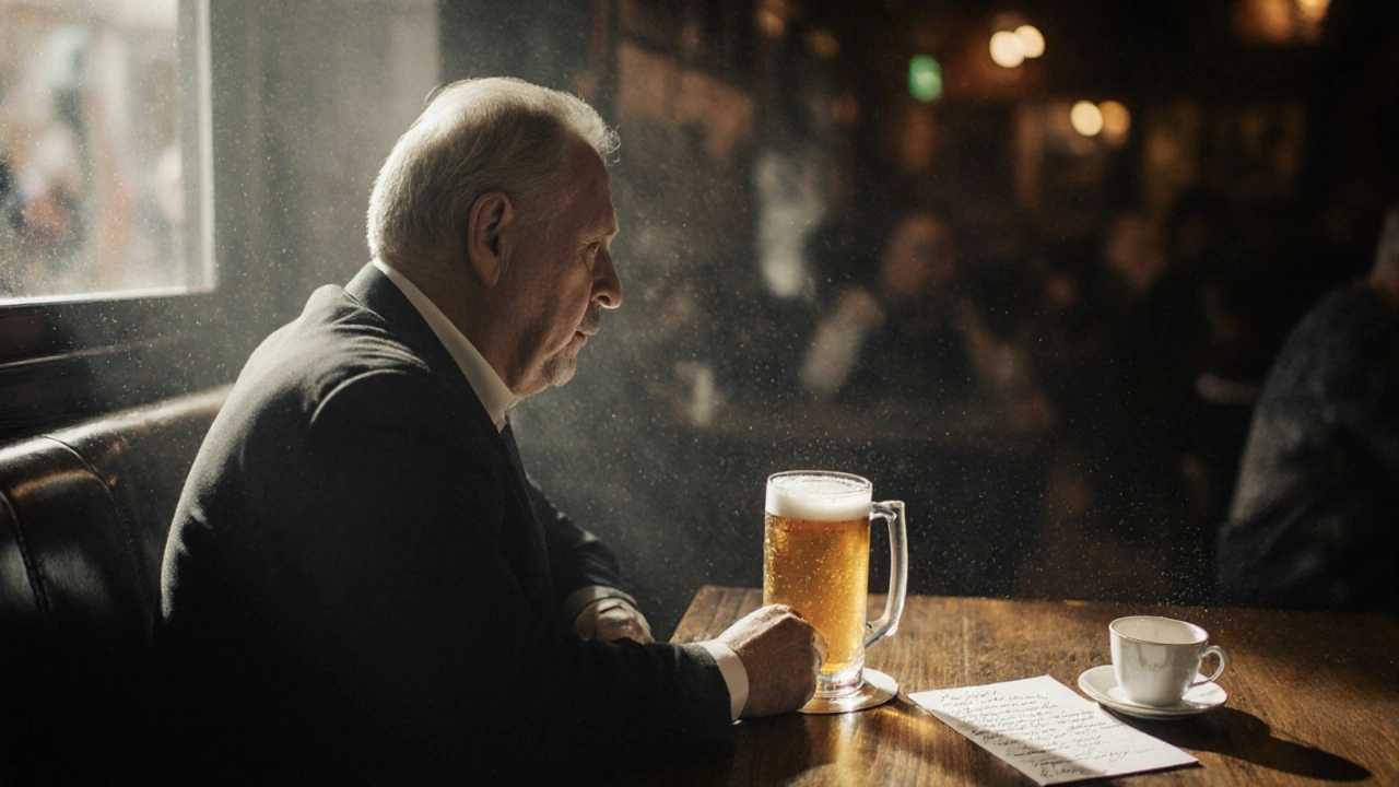 Man sitting alone in a traditional London pub with a pint and a handwritten note beside his teacup, soft sunlight streaming through the window.