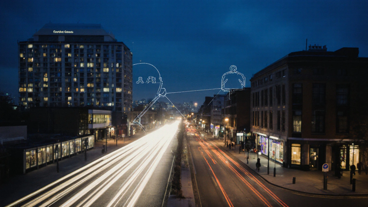 Nighttime view of Croydon neighborhoods with glowing outlines of key locations, symbolizing discreet, safe connections.